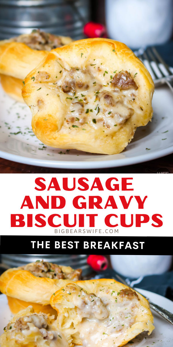 These little biscuit cups are packed full of homemade southern sausage gravy and then baked until golden brown! Sausage and Gravy Biscuit Cups are perfect for breakfast or brunch!  via @bigbearswife