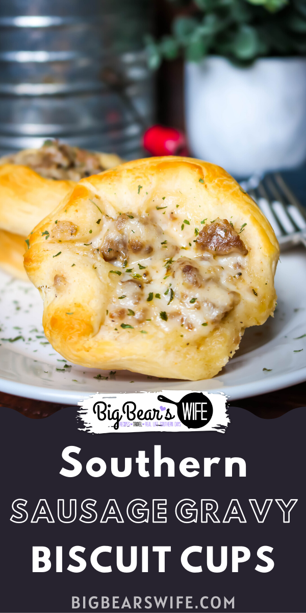 Sausage and Gravy Biscuit Cups - These little biscuit cups are packed full of homemade southern sausage gravy and then baked until golden brown! Sausage and Gravy Biscuit Cups are perfect for breakfast or brunch!  via @bigbearswife