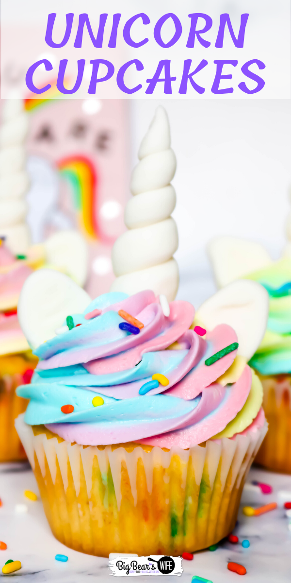 Unicorn Cupcakes! These magical unicorn cupcakes are filled with rainbow sprinkles, topped with a magical color swirled frosting and decorated with more sprinkles, a homemade marshmallow fondant Unicorn horns and ears! Perfect for anyone that love magic and unicorns! via @bigbearswife