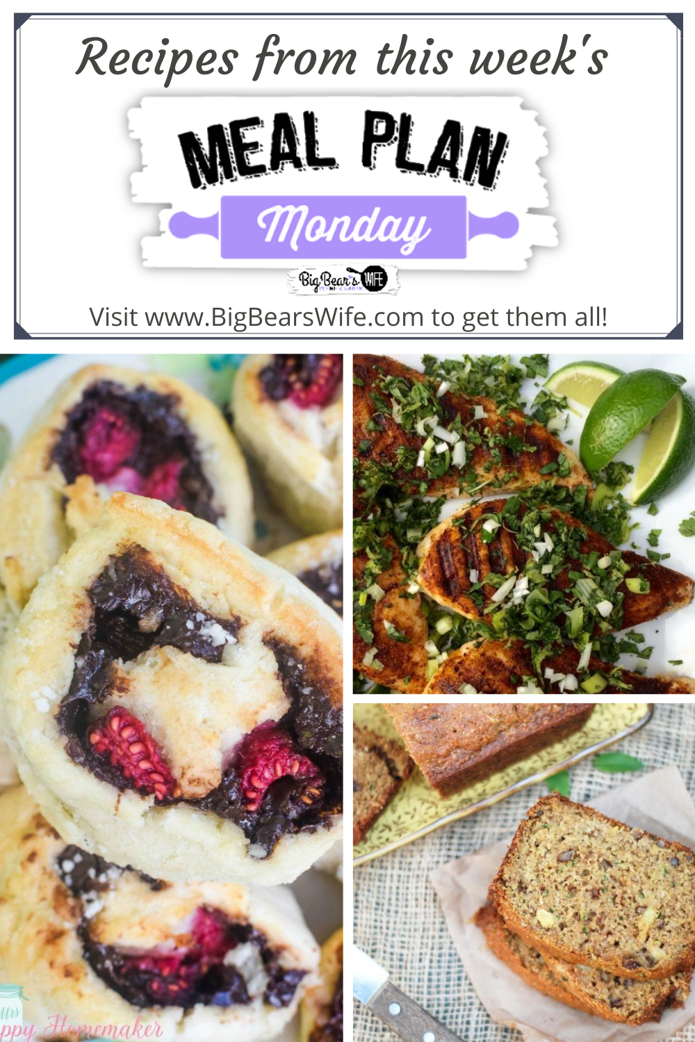This week's Meal Plan Monday featured recipes include Vegetable Lasagna, Pineapple Zucchini Bread, Grilled Chili Spiced Chicken with Cilantro Lime Gremolata, & Nutella Stuffed Buttermilk Biscuits. via @bigbearswife