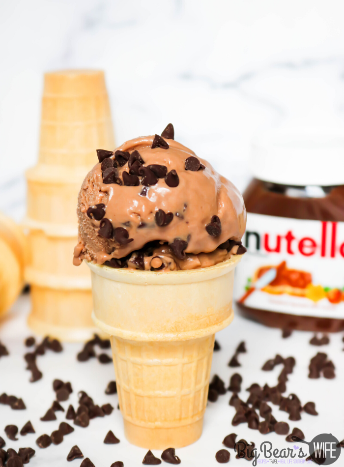 No Churn Chocolate Chip Nutella Ice Cream in ice cream cone
