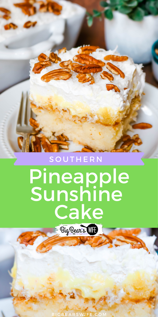 This Southern Pineapple Sunshine Cake is a doctored cake mix cake with pineapples, cool whip, coconut and pecans!  via @bigbearswife