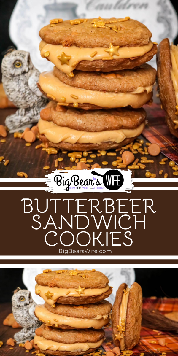 These charming ButterBeer Sandwich Cookies are inspired by the famous ButterBeer from the Harry Potter books. Butterscotch and cream soda make up both the cookies and the filling - plus they’re decorated with a few magical golden sprinkles. via @bigbearswife