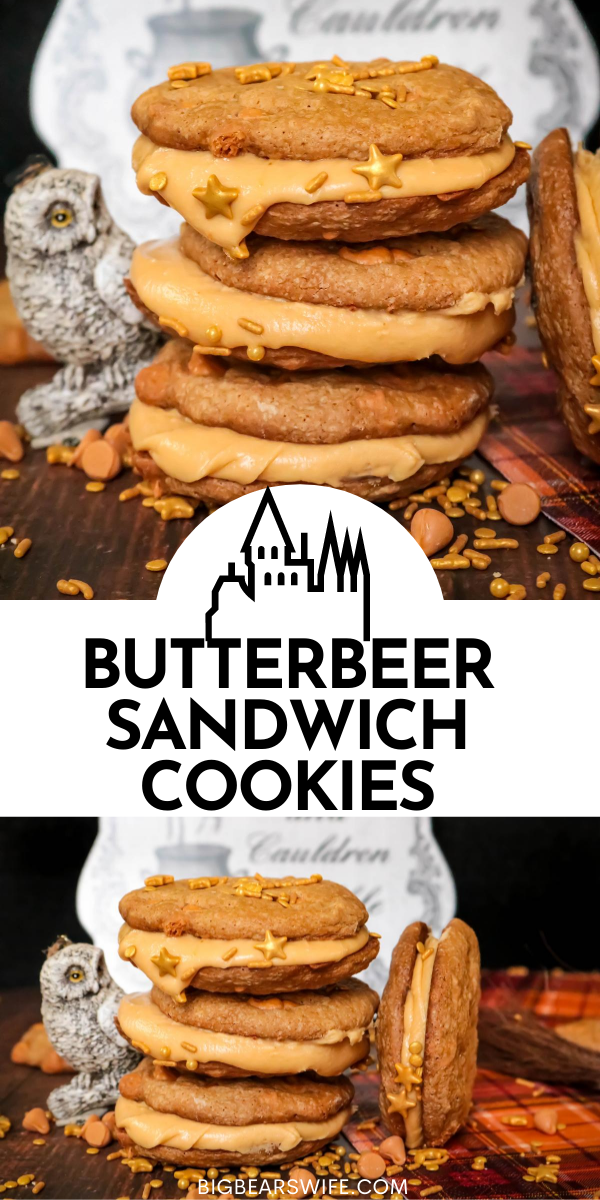 These charming ButterBeer Sandwich Cookies are inspired by the famous ButterBeer from the Harry Potter books. Butterscotch and cream soda make up both the cookies and the filling - plus they’re decorated with a few magical golden sprinkles. via @bigbearswife