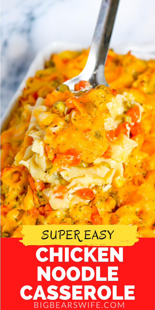 This super easy Chicken Noodle Casserole is chicken noodle soup in casserole form. This casserole made with chicken, vegetables and egg noodles is a classic southern casserole the you're going to love adding to the menu!   via @bigbearswife
