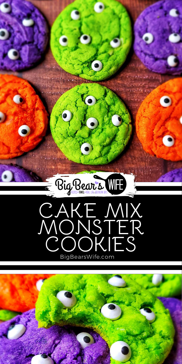 These cute and spooky Cake Mix Monster Cookies are made using white cake mix or vanilla cake mix, a little coloring and candy eyeballs. They're inspired by the boxed Halloween cookie mix at the big box stores!  via @bigbearswife