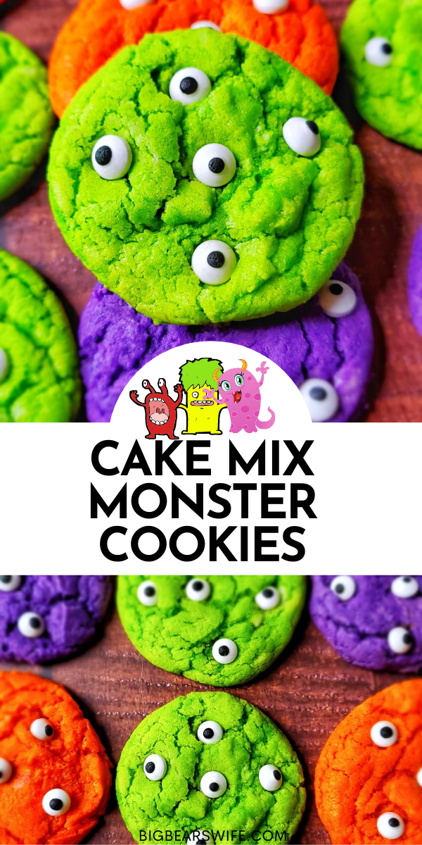 These cute and spooky Cake Mix Monster Cookies are made using white cake mix or vanilla cake mix, a little coloring and candy eyeballs. They're inspired by the boxed Halloween cookie mix at the big box stores!  via @bigbearswife