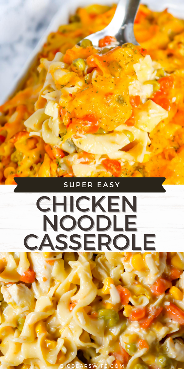This super easy Chicken Noodle Casserole is chicken noodle soup in casserole form. This casserole made with chicken, vegetables and egg noodles is a classic southern casserole the you're going to love adding to the menu!   via @bigbearswife