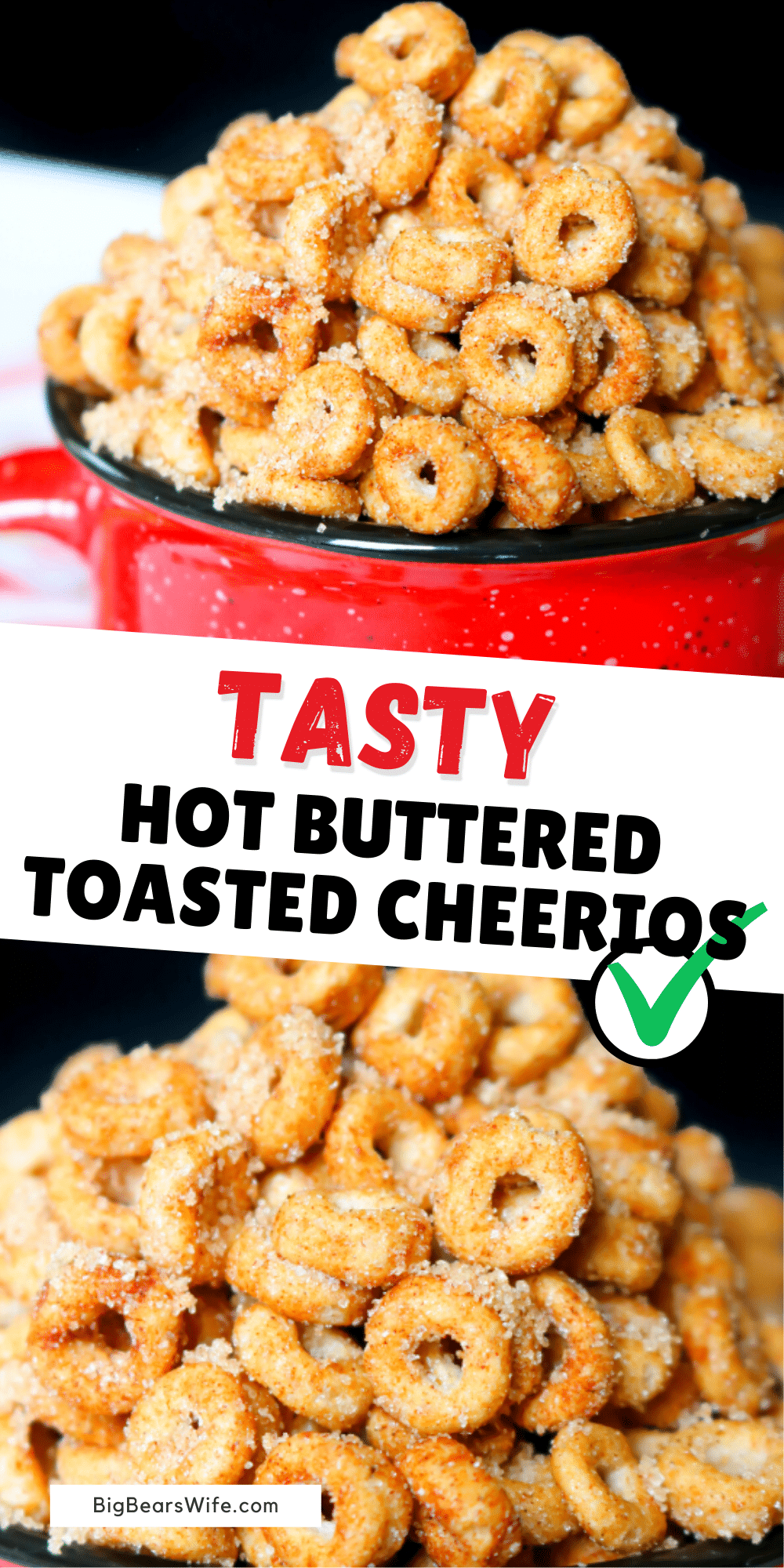 These Mini Doughnut Hot Buttered Toasted Cheerios are a perfect sweet treat and super easy to make! Toasted Cheerios are perfect for snacking! via @bigbearswife