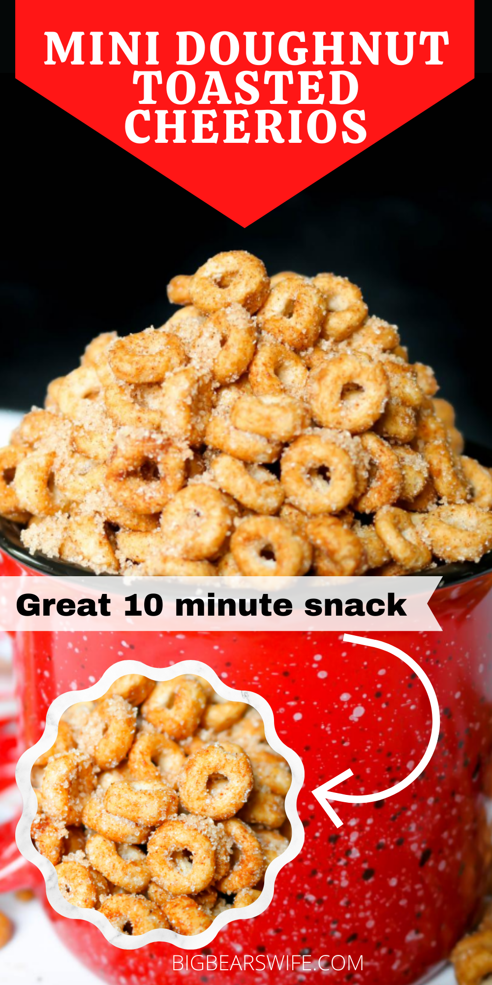These Mini Doughnut Hot Buttered Toasted Cheerios are a perfect sweet treat and super easy to make! Toasted Cheerios are perfect for snacking! via @bigbearswife