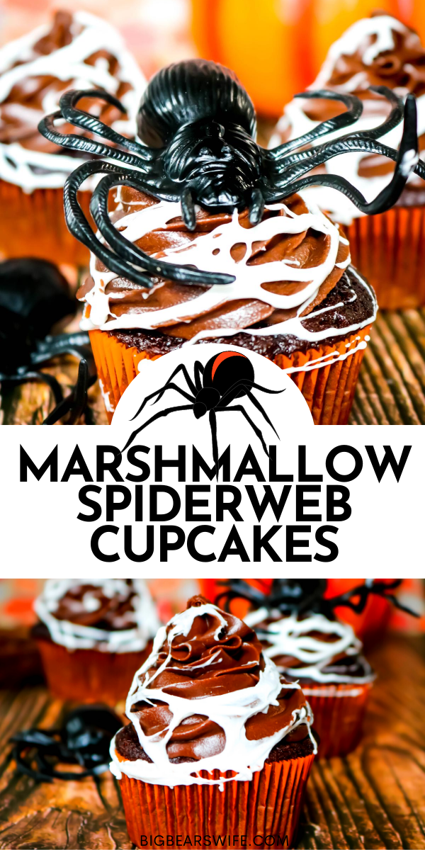 Make a spooky but tasty mess with these fun Marshmallow Spider Web Cupcakes! Homemade chocolate cupcakes and chocolate frosting get covered in creepy homemade marshmallow spiderwebs for a dessert that's perfect for Halloween!  via @bigbearswife