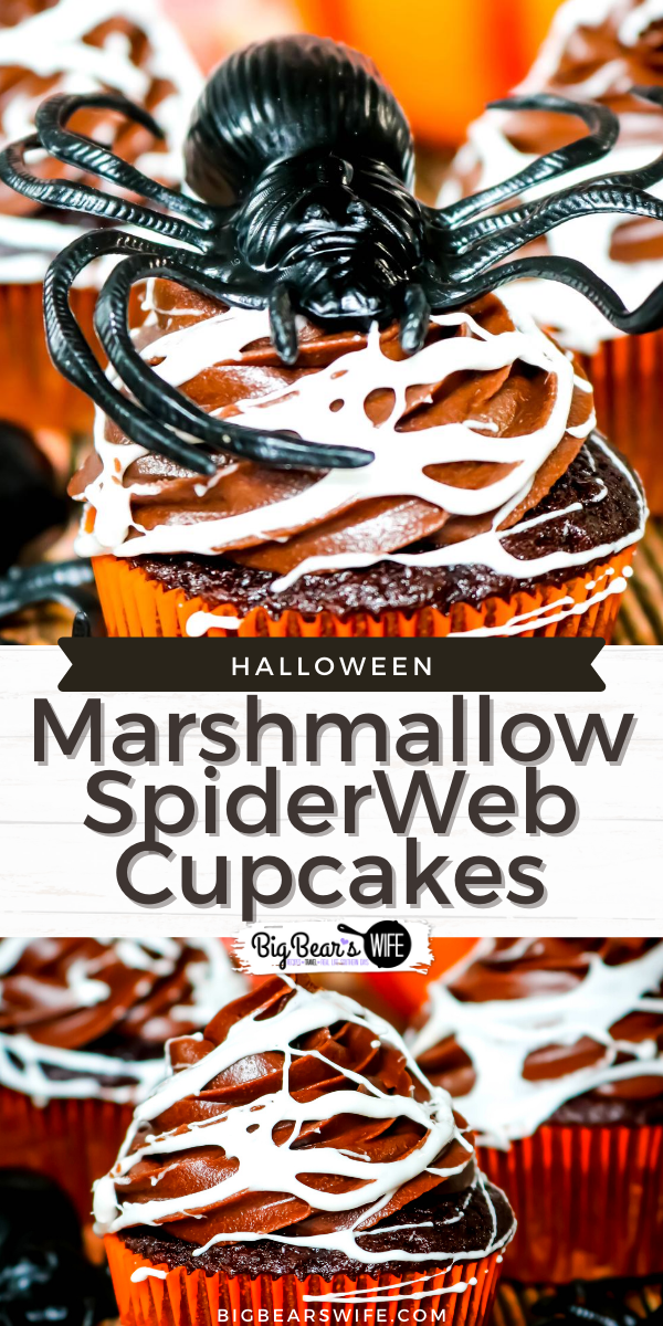 Make a spooky but tasty mess with these fun Marshmallow Spider Web Cupcakes! Homemade chocolate cupcakes and chocolate frosting get covered in creepy homemade marshmallow spiderwebs for a dessert that's perfect for Halloween!  via @bigbearswife