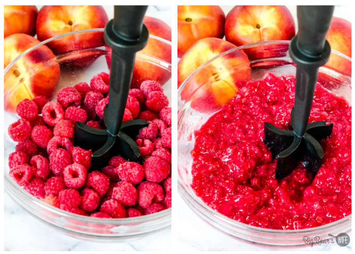 Mashing raspberries in a clear bowl