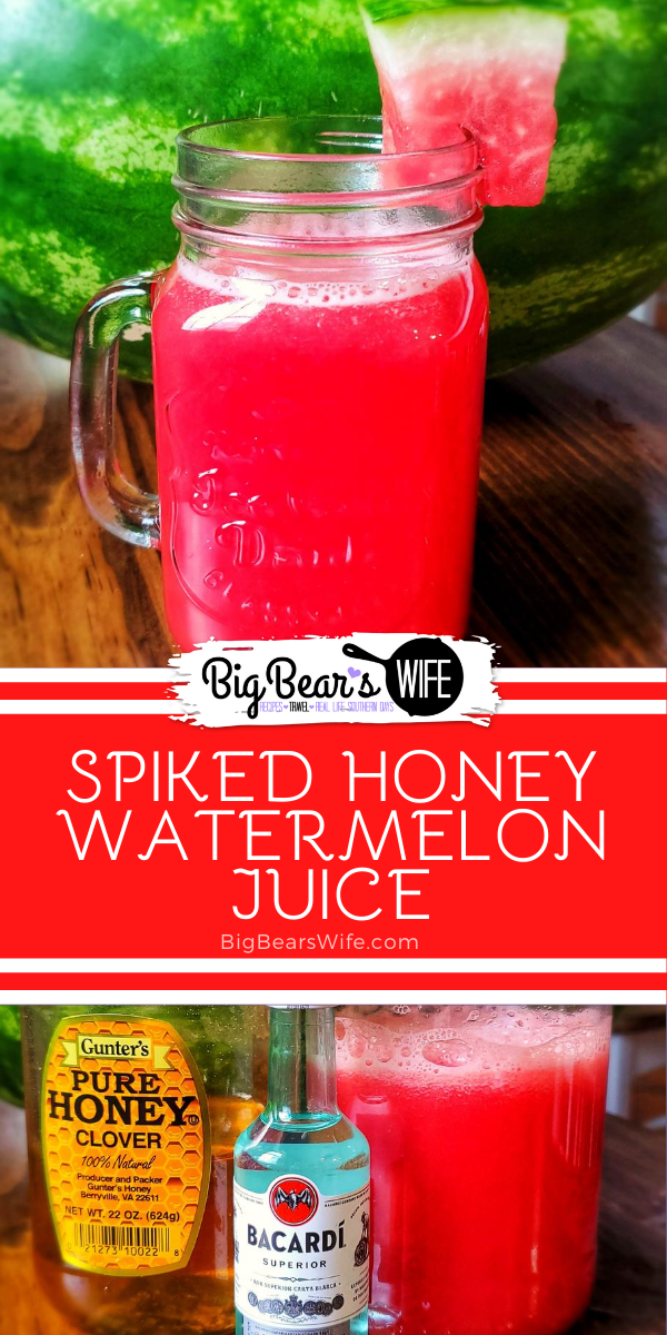 A refreshing watermelon cocktail spiked with a bit of rum and sweetened with honey! This adult Spiked Watermelon Honey Juice goes down smooth and it super easy to make!  via @bigbearswife