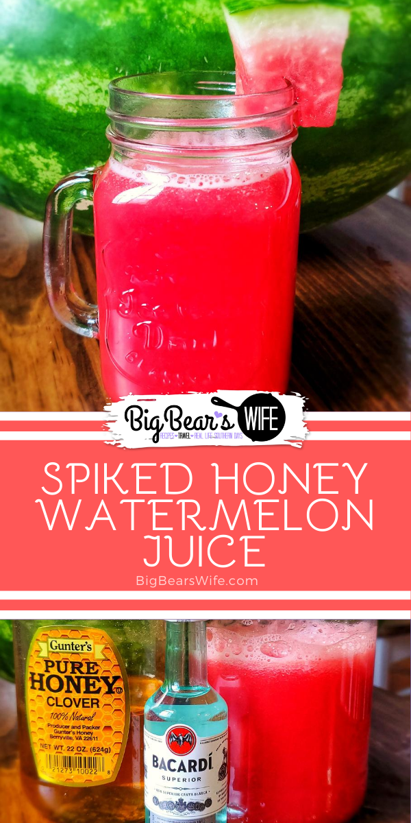 A refreshing watermelon cocktail spiked with a bit of rum and sweetened with honey! This adult Spiked Watermelon Honey Juice goes down smooth and it super easy to make!  via @bigbearswife