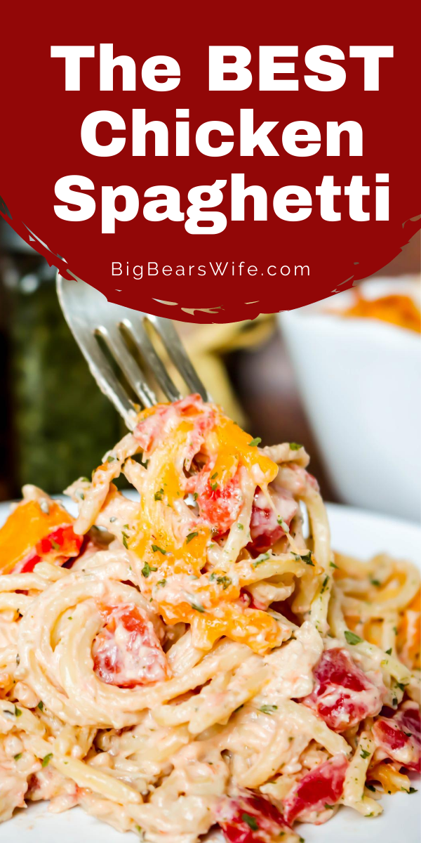 The Best Chicken Spaghetti Recipe is super easy to toss together, full of flavor and is ready in about 45 minutes! This is an easy cheesy, creamy, family favorite chicken casserole!  via @bigbearswife