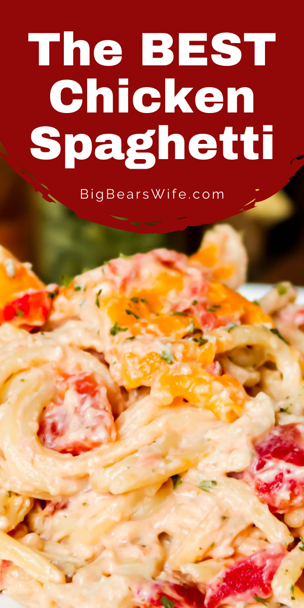 The Best Chicken Spaghetti Recipe is super easy to toss together, full of flavor and is ready in about 45 minutes! This is an easy cheesy, creamy, family favorite chicken casserole!  via @bigbearswife