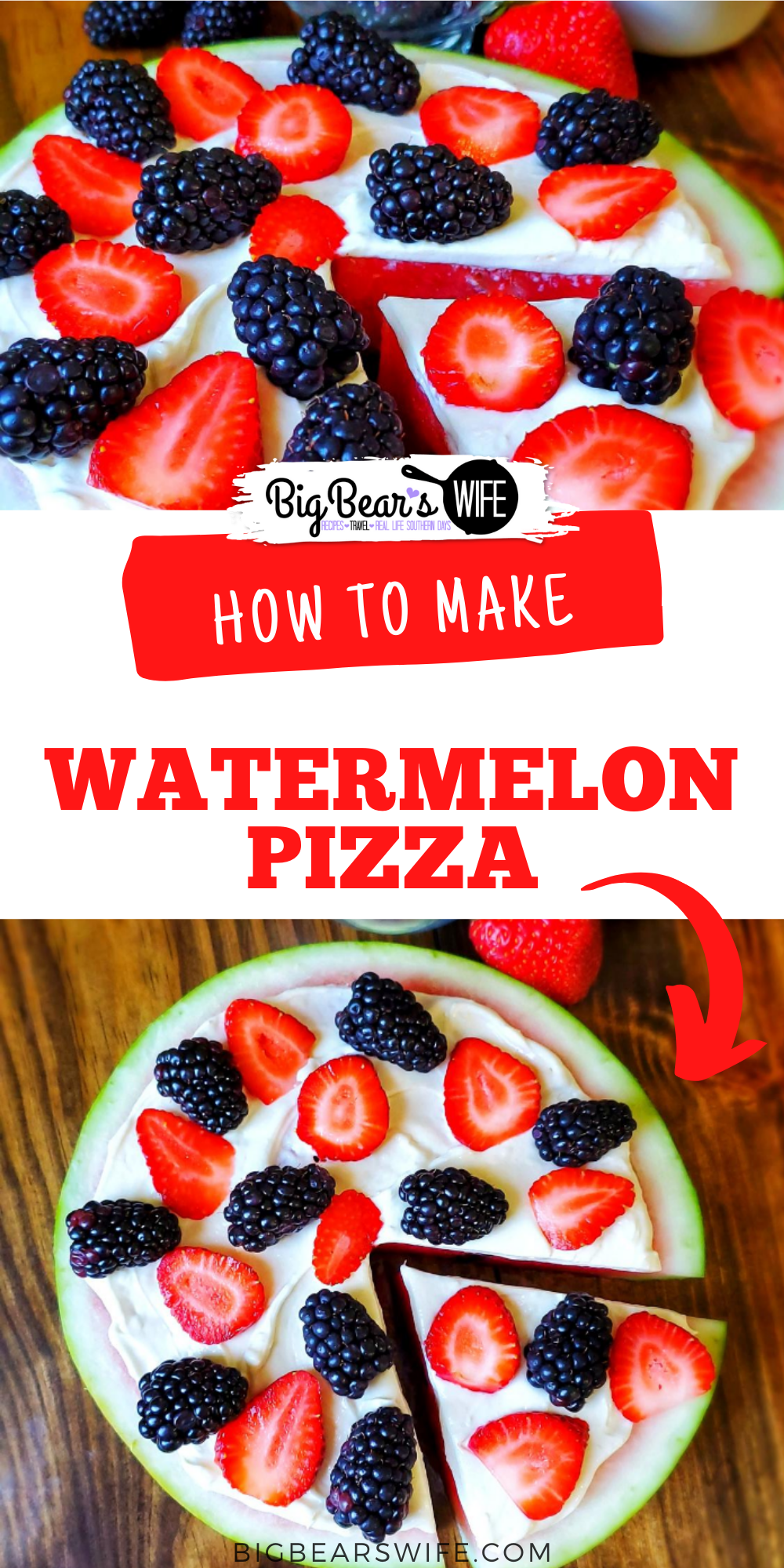 Looking for an easy summer dessert? Need to use up some watermelon from the cookout? Try this Watermelon Pizza that's easy to make and totally customizable! via @bigbearswife