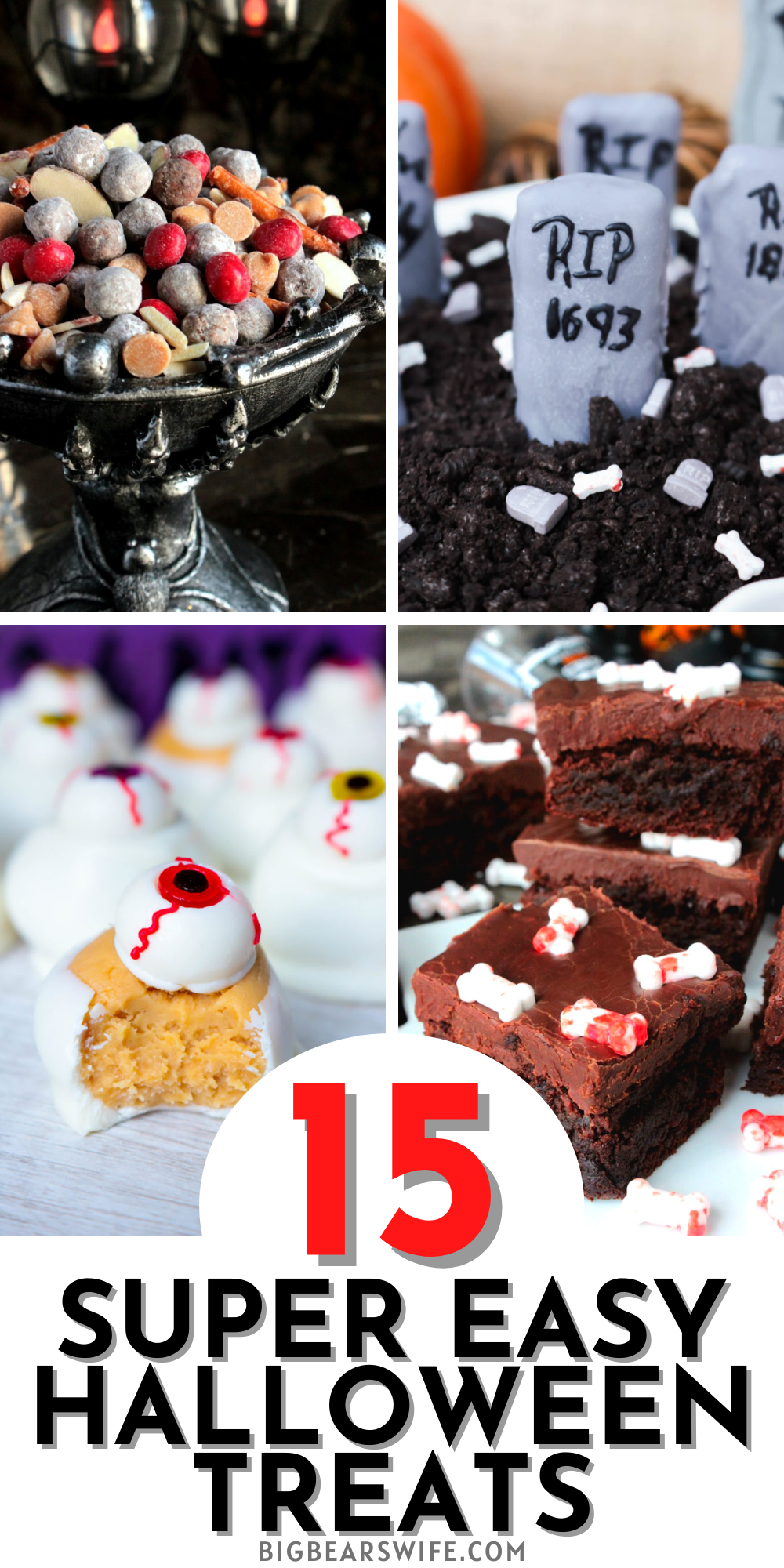 15 SUPER EASY HALLOWEEN TREATS - If you want to make some great Halloween desserts and Halloween treats without spending a ton of time in the kitchen you'll want this list of 15 Super Easy Halloween Treats recipes! No bake eclairs, apple slices, sheet cakes and more are easily transformed into Halloween desserts without any fuss or witchy magic!  via @bigbearswife