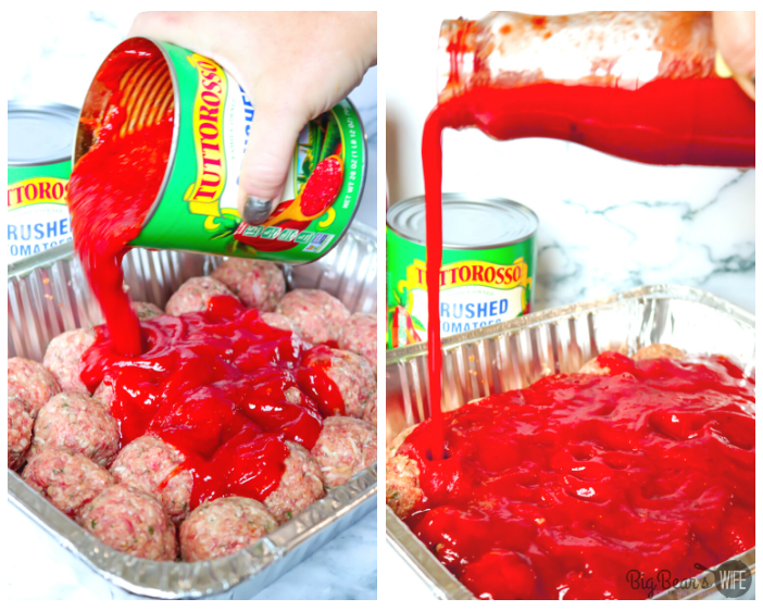Pouring sauce and tomatoes onto meatballs