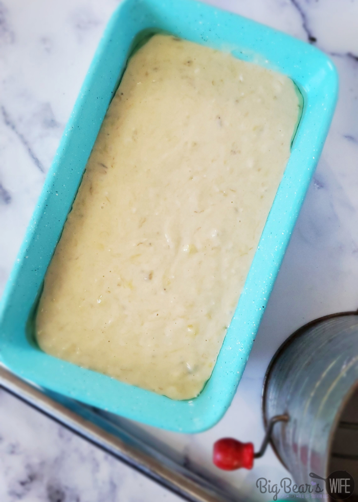 Grandma's Old-Fashioned Banana Bread batter in blue loaf pan