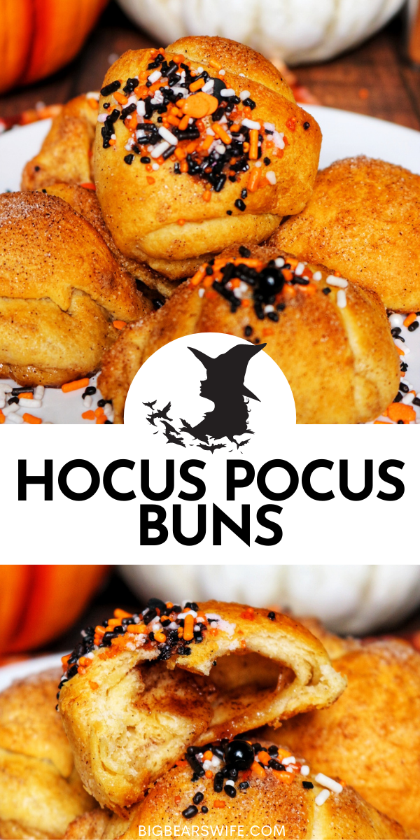 These super easy Hocus Pocus Buns are marshmallow vanishing breakfast rolls with tasty cinnamon and sugar inside and out. These hocus pocus crescent rolls have a Halloween twist with Halloween sprinkles but they're amazing without the sprinkles as well.  via @bigbearswife