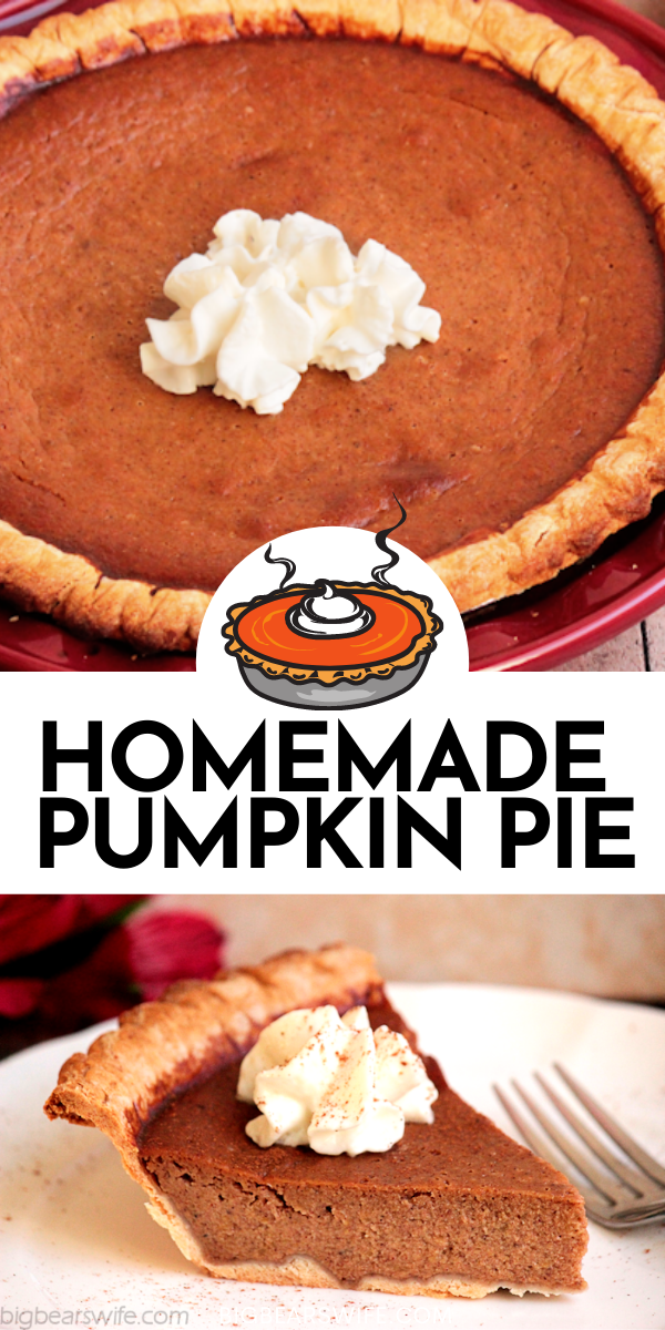 Homemade Pumpkin Pie from scratch is easier than it sounds! This Pumpkin Pie is made with Pumpkin puree, fall spices, eggs, sugar, vanilla and evaporated milk! This recipe will give you two pumpkin pies! Keep both or give one away!  via @bigbearswife