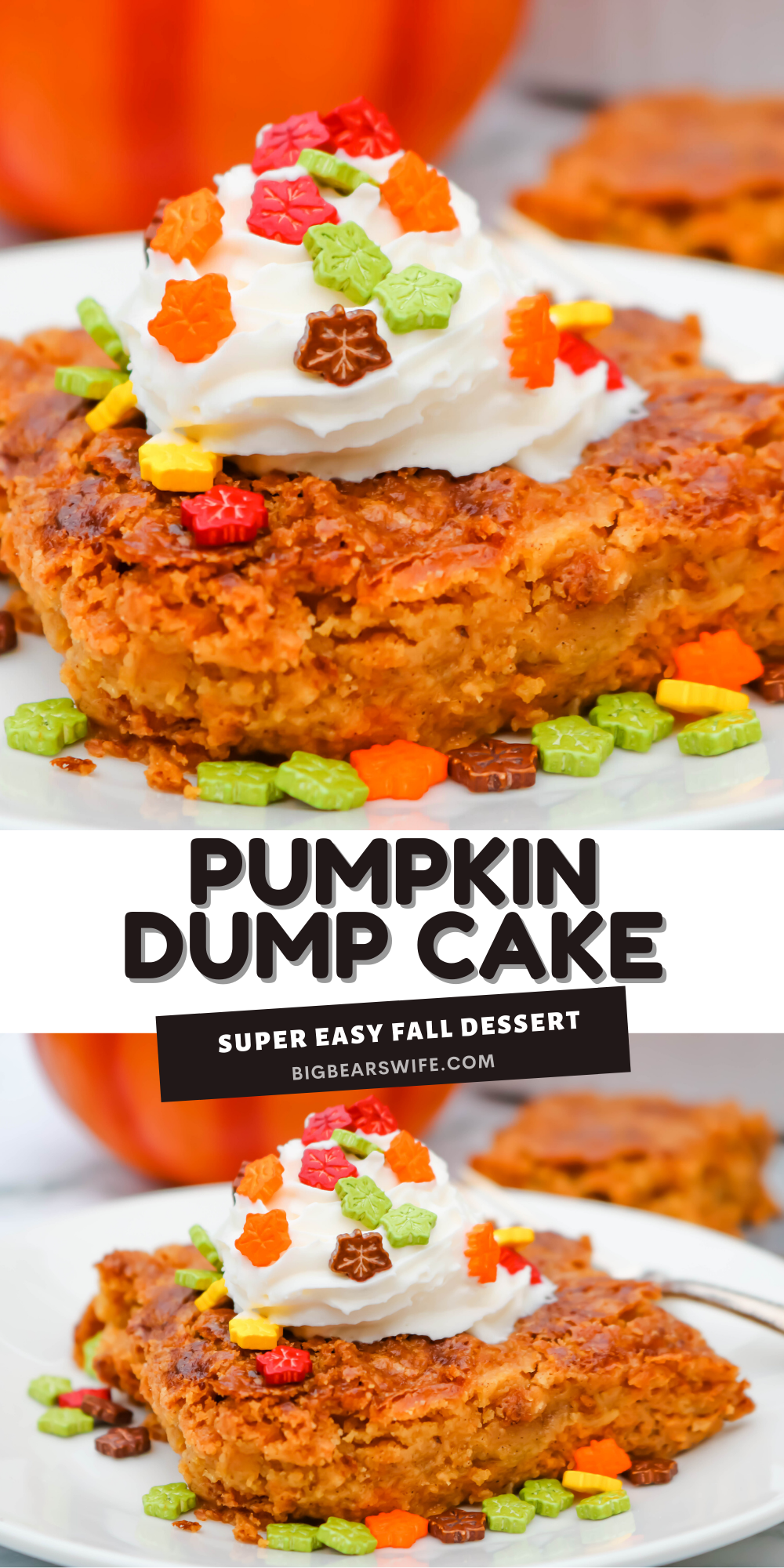 This Easy Pumpkin Dump Cake is one of the easiest fall desserts ever. This cake is a mix and dump type cake, it takes about 1 hour to bake and it taste like an upside down pumpkin pie!  via @bigbearswife