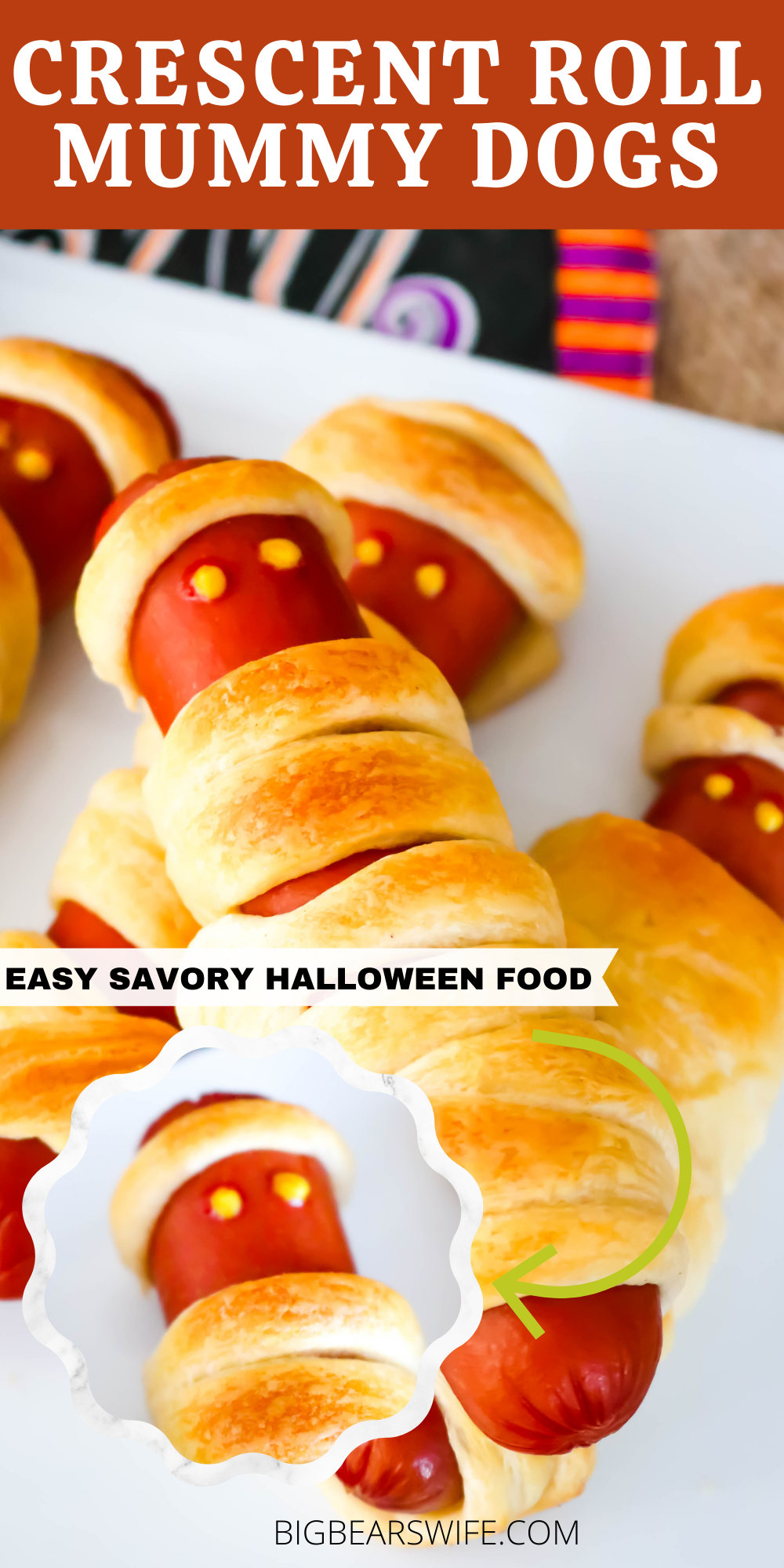 This Crescent Roll Mummy Dogs treat is a super easy savory Halloween treat! You'll need hot dogs and crescent rolls plus whatever you want to use as mummy hot dog eyes!  via @bigbearswife