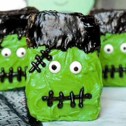 Frosted Frankenstein Brownies are perfect for boxed brownie or homemade brownies with my favorite brownie recipe. Use a bit of frosting and candy eyes to turn brownies into the cutest Halloween brownies. 