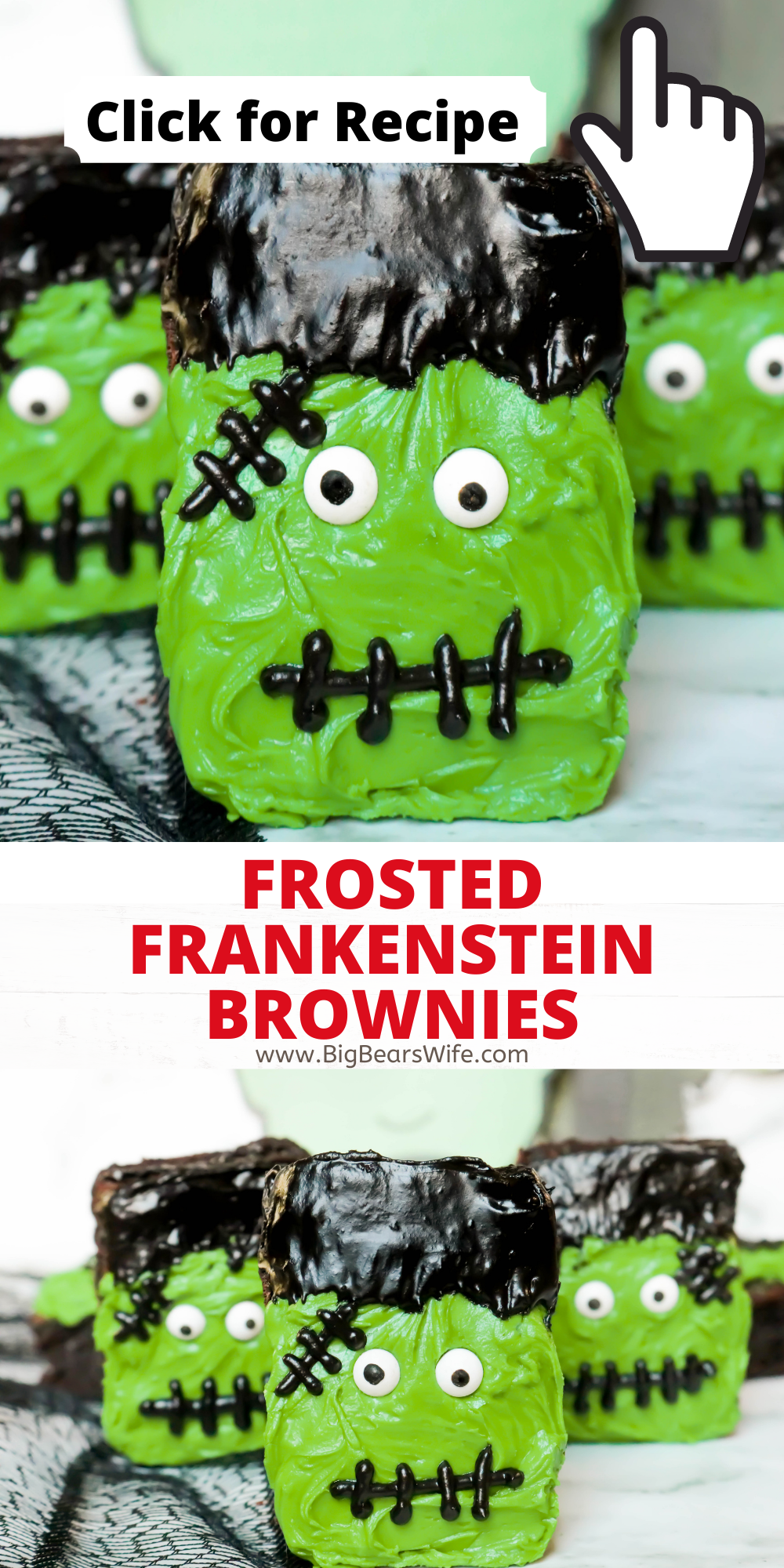 Frosted Frankenstein Brownies are perfect for boxed brownie or homemade brownies with my favorite brownie recipe. Use a bit of frosting and candy eyes to turn brownies into the cutest Halloween brownies. A great simple Halloween dessert recipe that is great for Halloween parties. Also a fun Halloween dessert to make with kids! Use store bought brownies for a quick last minute Halloween treat! via @bigbearswife