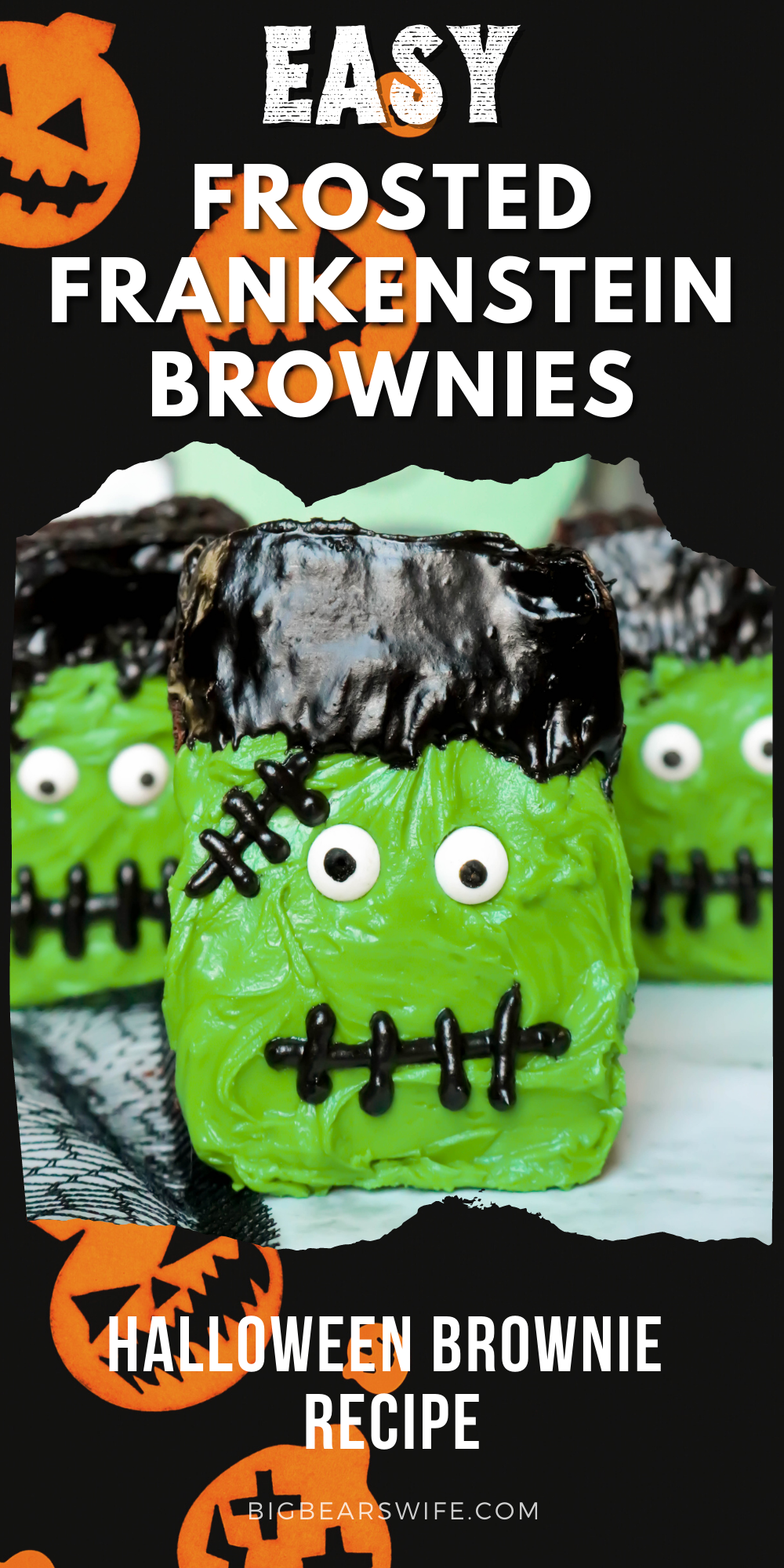 Frosted Frankenstein Brownies are perfect for boxed brownie or homemade brownies with my favorite brownie recipe. Use a bit of frosting and candy eyes to turn brownies into the cutest Halloween brownies. A great simple Halloween dessert recipe that is great for Halloween parties. Also a fun Halloween dessert to make with kids! Use store bought brownies for a quick last minute Halloween treat! via @bigbearswife
