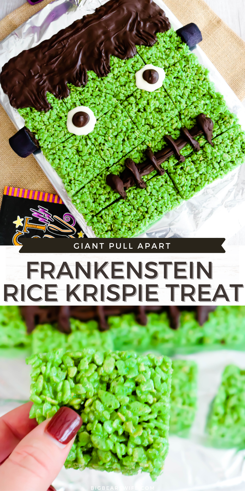 Need a fun Halloween Party dessert? This Giant Pull Apart Frankenstein Rice Krispie Treat is super easy to make and great for a group or Halloween dinner party! Just like my Frankenstein Rice Krispie Treats but on a larger scale for a crowd!  via @bigbearswife