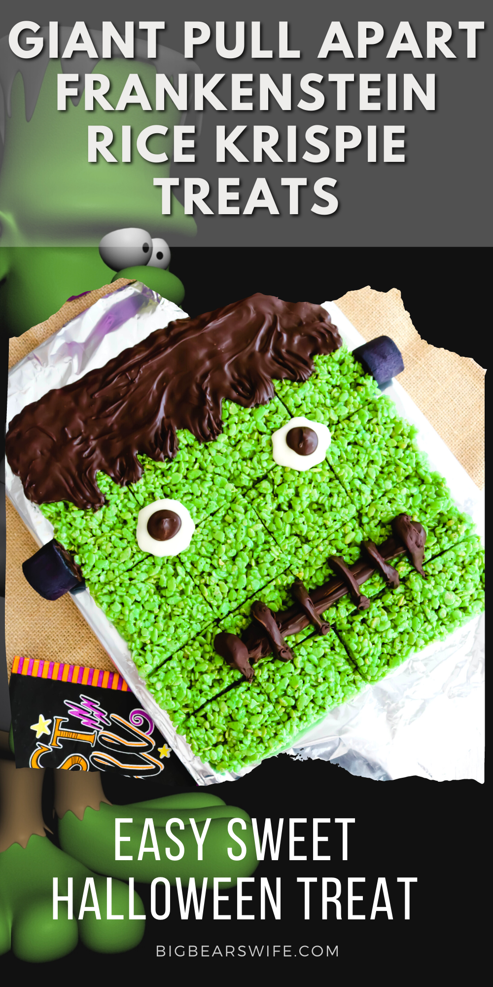 Need a fun Halloween Party dessert? This Giant Pull Apart Frankenstein Rice Krispie Treat is super easy to make and great for a group or Halloween dinner party! Just like my Frankenstein Rice Krispie Treats but on a larger scale for a crowd!  via @bigbearswife