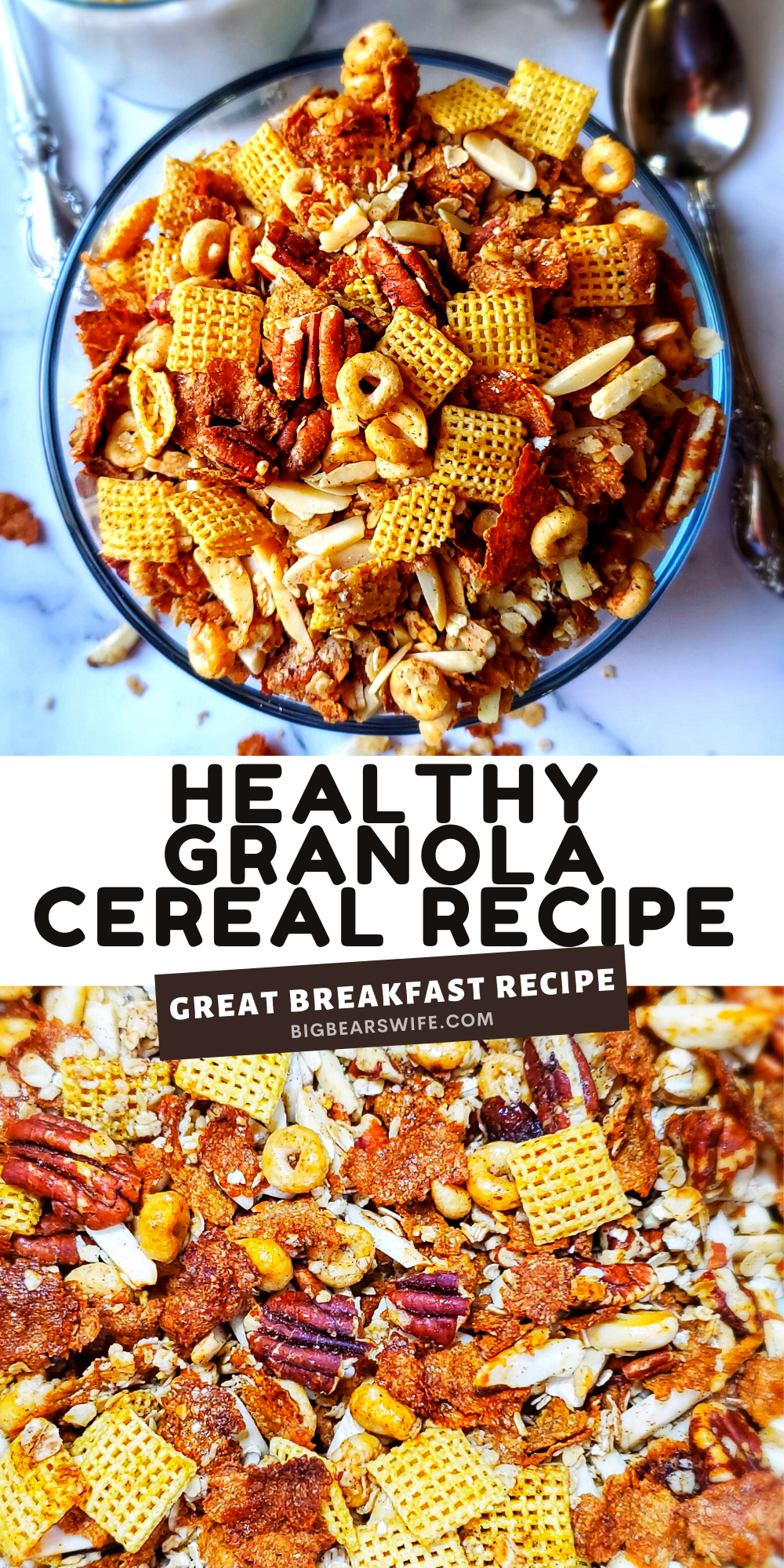 Looking for a Healthy Granola Cereal Recipe to have in the mornings or for a snack? This Healthy Granola Cereal is perfect for breakfast with milk and it's a great topping for yogurt! via @bigbearswife