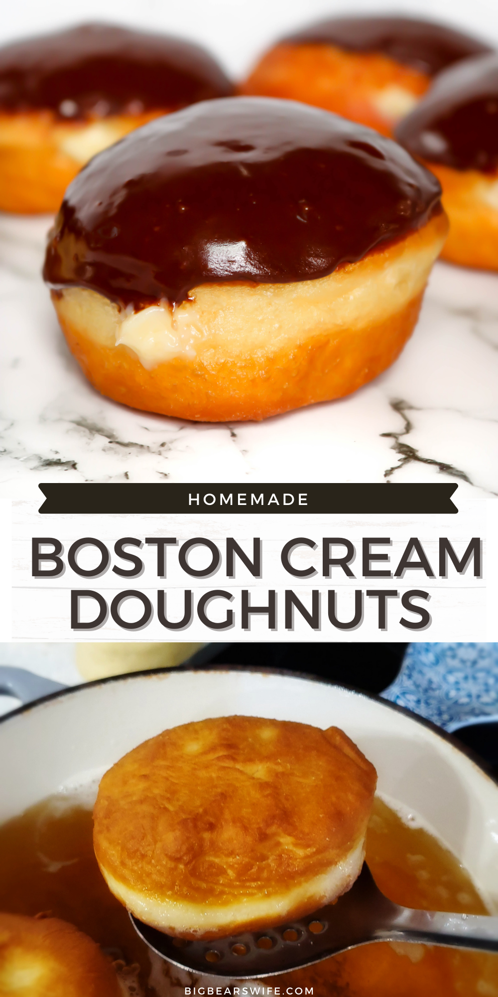 These Homemade Boston Cream Doughnuts are a take on on the popular Boston Cream Pie dessert! Don't be afraid of making homemade doughnuts! It's easier to make doughnuts at home, than you think ! via @bigbearswife