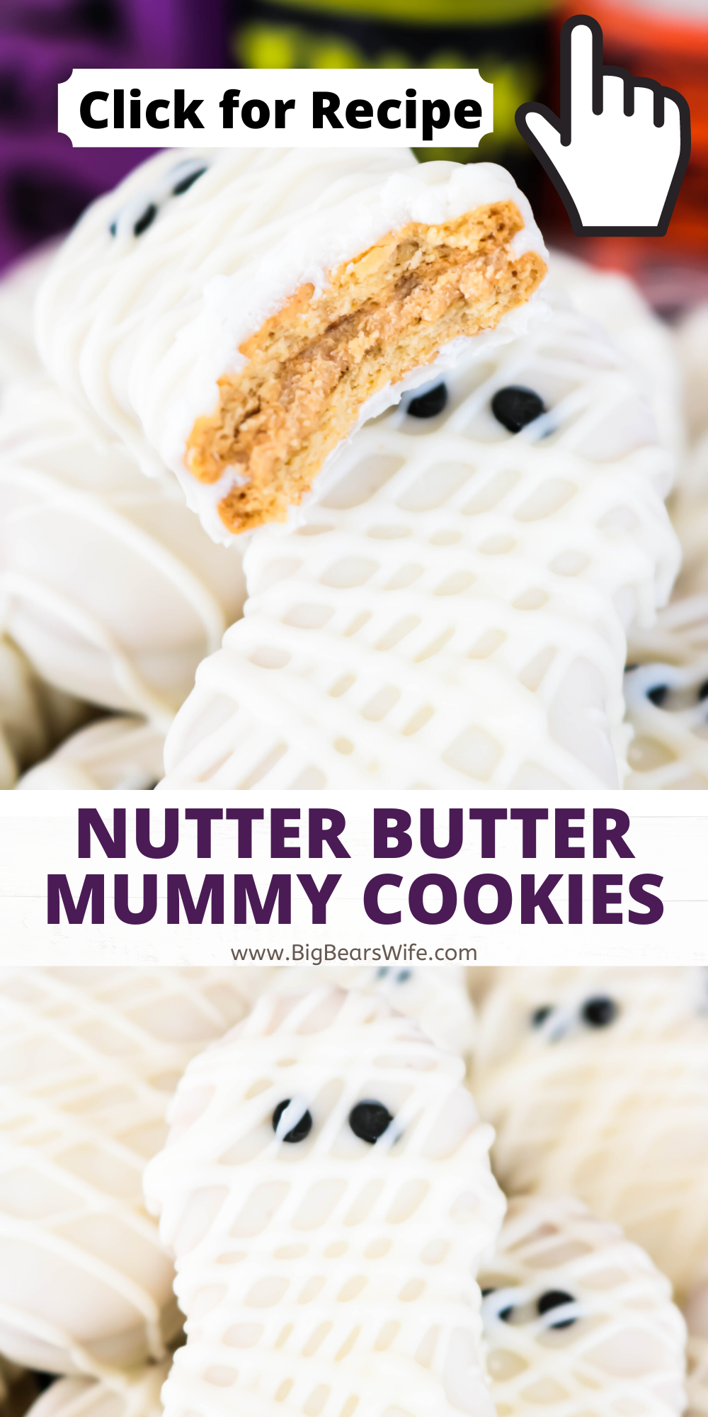 Nutter Butter cookies, white melting chocolate and small round black sprinkles make up these easy yummy, Nutter Butter Mummy Cookies! These Halloween cookies are easy to make with kids and a great Halloween treat for Halloween Parties!  via @bigbearswife
