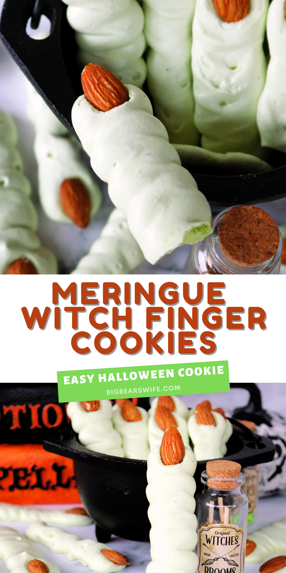 These easy Meringue Witch Finger Cookies are crispy, creepy and perfect for Halloween. These witch finger cookies are made with a meringue cookie recipe, colored green for of a bit of a classic witch look and decorated with an almond as the creepy witch nail! via @bigbearswife