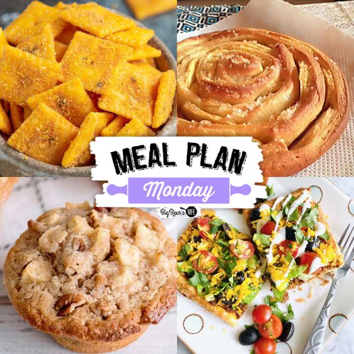  Hey family! Welcome back to another delicious edition of Meal Plan Monday! We're featuring recipes like, Firecracker Cheez-its, Spiral Apple Bread, Sheet Pan Tacos and Apple Spice Muffins!