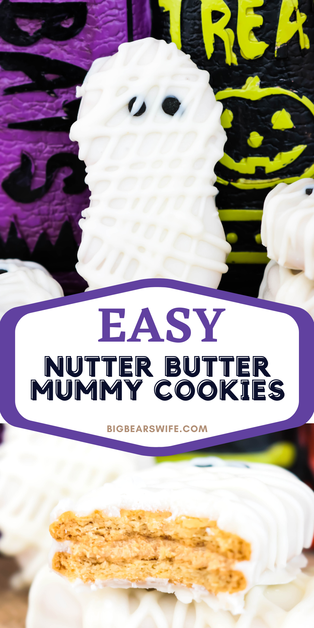 Nutter Butter cookies, white melting chocolate and small round black sprinkles make up these easy yummy, Nutter Butter Mummy Cookies! These Halloween cookies are easy to make with kids and a great Halloween treat for Halloween Parties!  via @bigbearswife