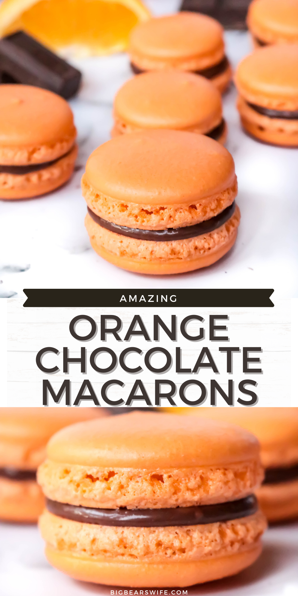 Dive into a sweet combination of orange and chocolate with these fantastically festive Orange Chocolate Macarons. These macarons have an orange flavored shell and they are filled with a wonderful homemade chocolate ganache. via @bigbearswife