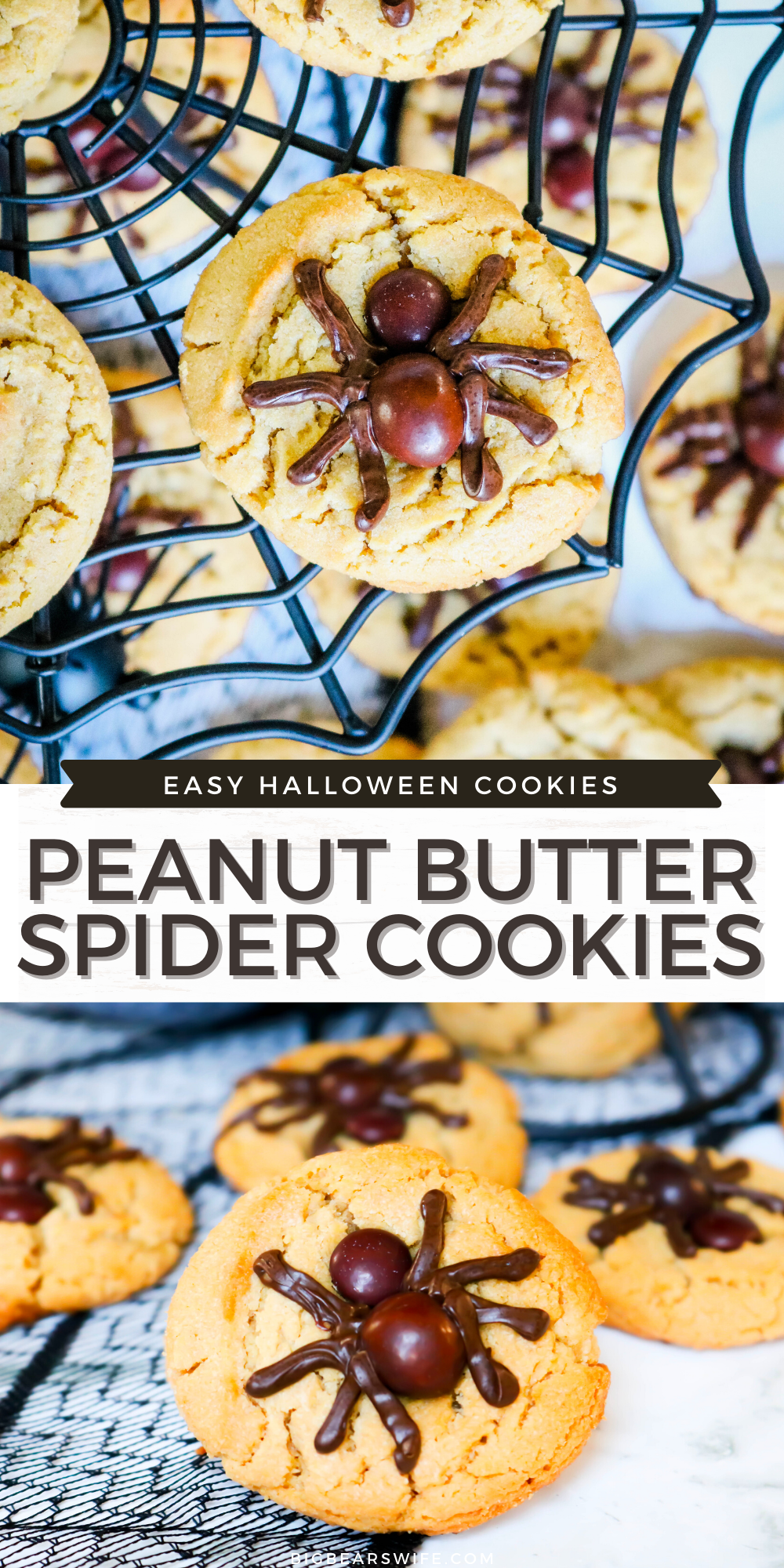 This Peanut Butter Spider Cookies recipe is an easy Halloween cookie recipe! These easy spider cookies are based on my favorite Peanut Butter Blossoms and the spiders are made with brown M&Ms and melted chocolate chips! If you need a cookie recipe for a Halloween Party Dessert or something fun to make with the kids for Halloween, these peanut butter spider cookies are perfect for both.  via @bigbearswife