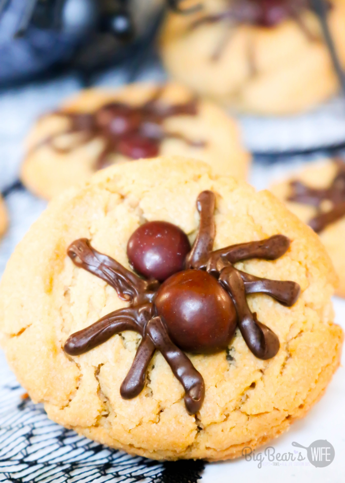 This Peanut Butter Spider Cookies recipe is an easy Halloween cookie recipe! These easy spider cookies are based on my favorite Peanut Butter Blossoms and the spiders are made with brown M&Ms and melted chocolate chips! 