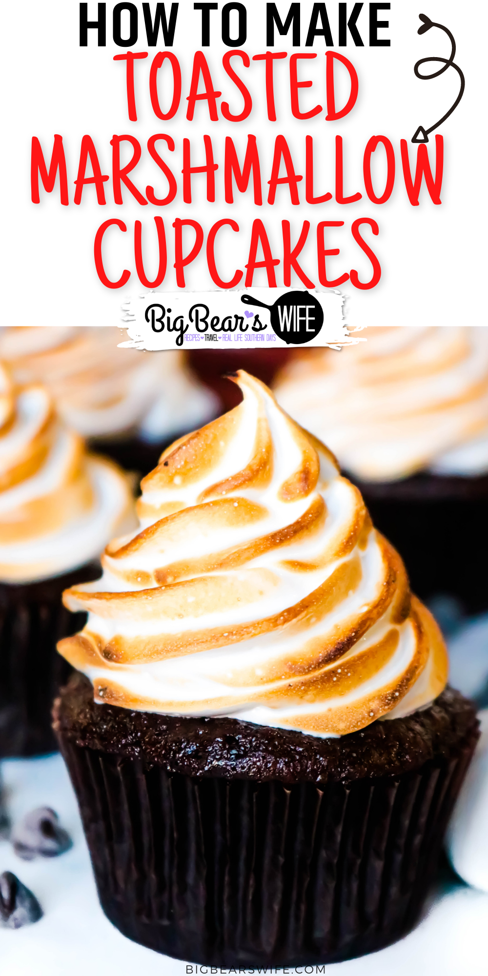 Toasted Marshmallow Cupcakes bring the taste of campfire marshmallows and homemade chocolate cupcakes together in this tasty and easy dessert recipes.  via @bigbearswife