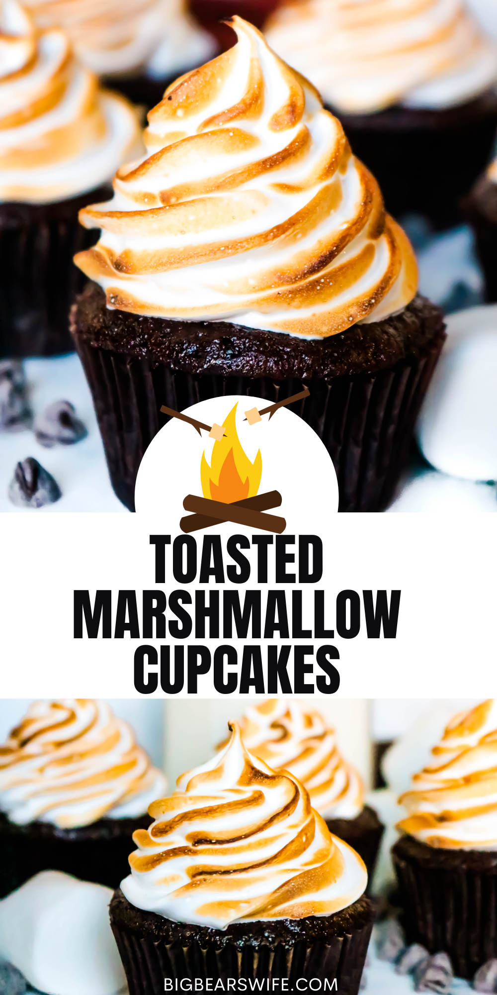 Toasted Marshmallow Cupcakes bring the taste of campfire marshmallows and homemade chocolate cupcakes together in this tasty and easy dessert recipes.  via @bigbearswife