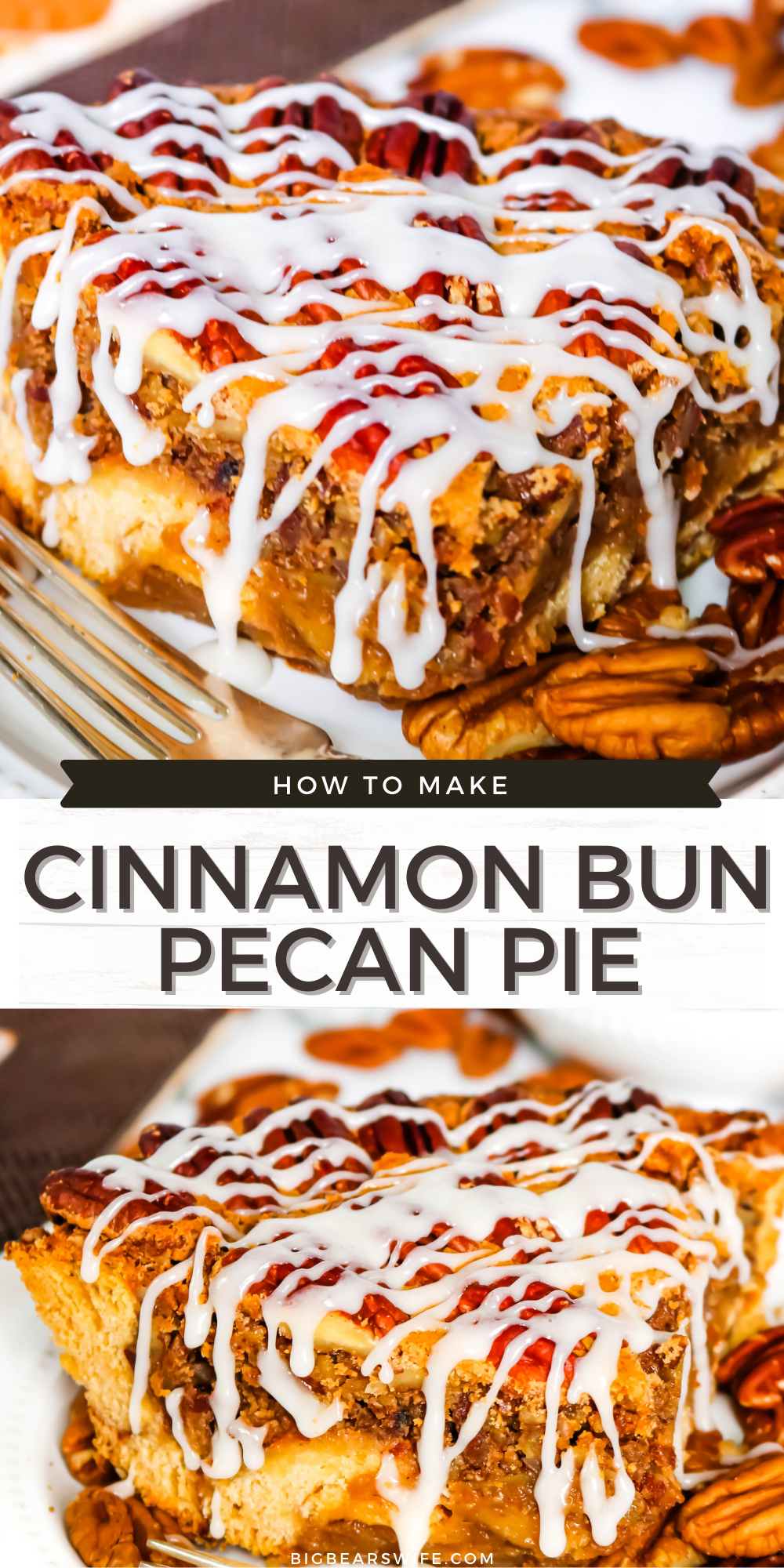 This Cinnamon Bun Pecan Pie has a cinnamon bun pie crust and an amazing and easy homemade pecan pie filling! Drizzle it with cream cheese frosting and you've got the perfect marriage of cinnamon buns and pecan pie! via @bigbearswife