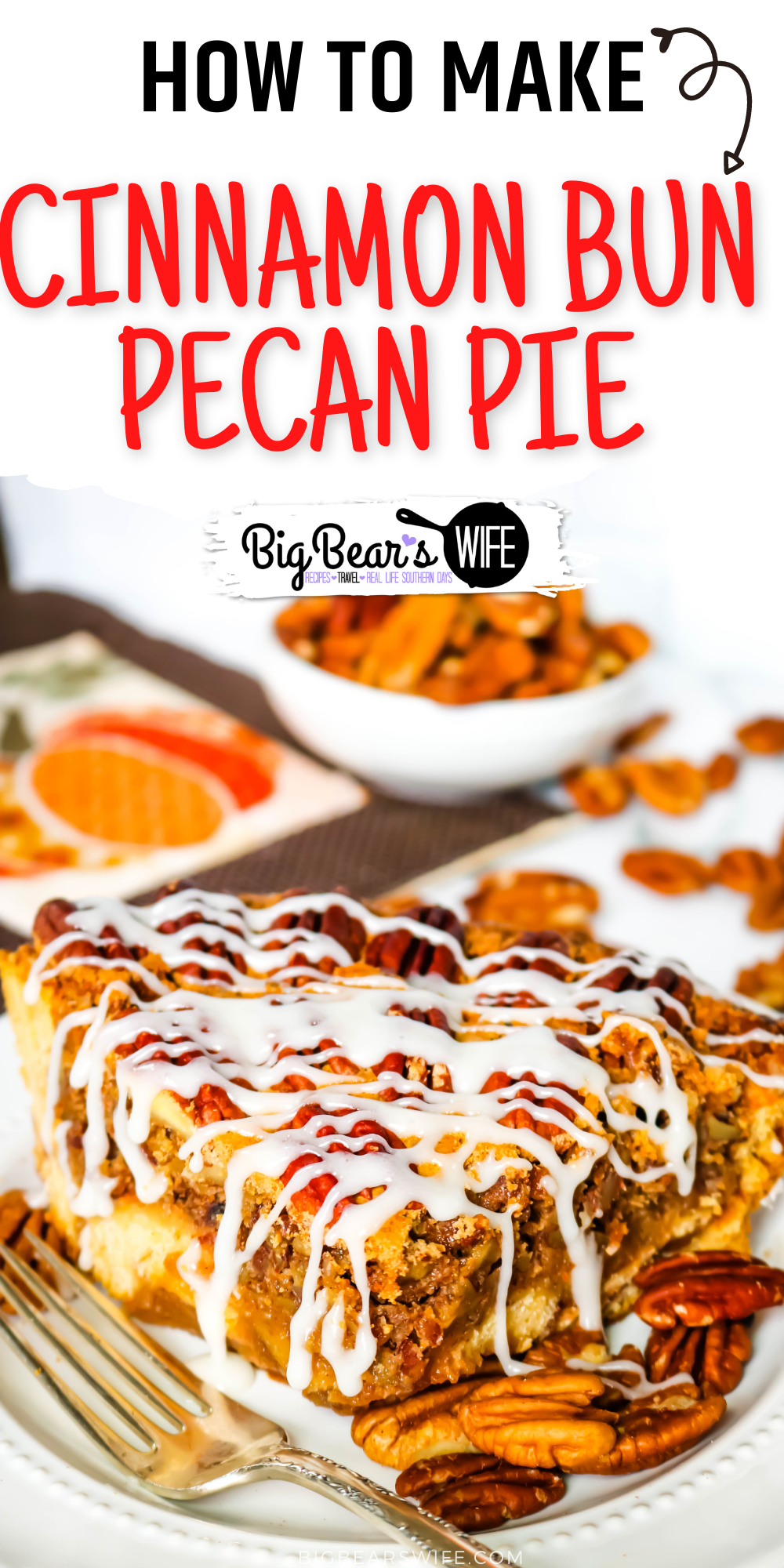 This Cinnamon Bun Pecan Pie has a cinnamon bun pie crust and an amazing and easy homemade pecan pie filling! Drizzle it with cream cheese frosting and you've got the perfect marriage of cinnamon buns and pecan pie! via @bigbearswife