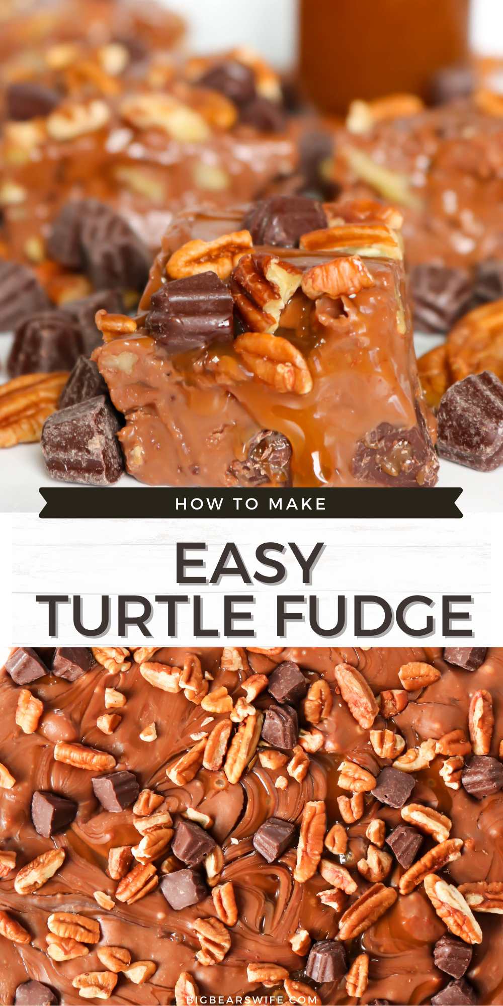 This Super Easy Turtle Fudge is a great dessert or a perfect homemade gift to make for a friend or family member! Super since to make and always delicious. This fudge is filled with chocolate, caramel and pecans!  via @bigbearswife
