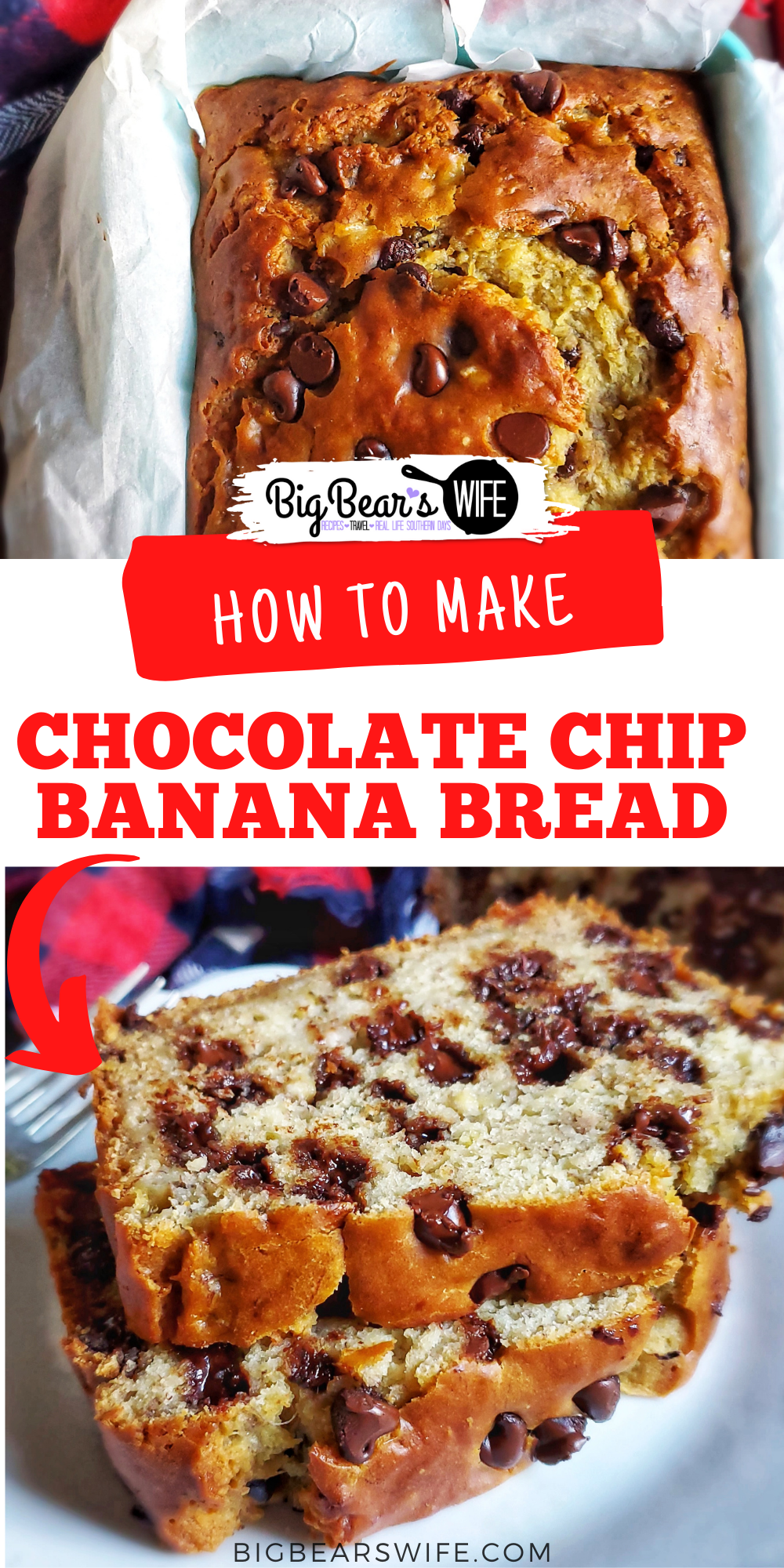 Love Banana Bread? This Chocolate Chip Banana Bread is a delicious homemade banana bread recipe that is packed with 2 cups of chocolate chips! Amazing for breakfast, dessert or a snack!  via @bigbearswife