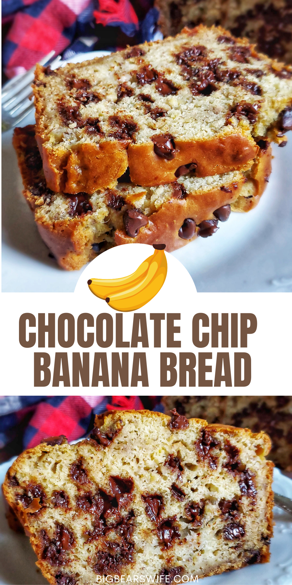Love Banana Bread? This Chocolate Chip Banana Bread is a delicious homemade banana bread recipe that is packed with 2 cups of chocolate chips! Amazing for breakfast, dessert or a snack!  via @bigbearswife